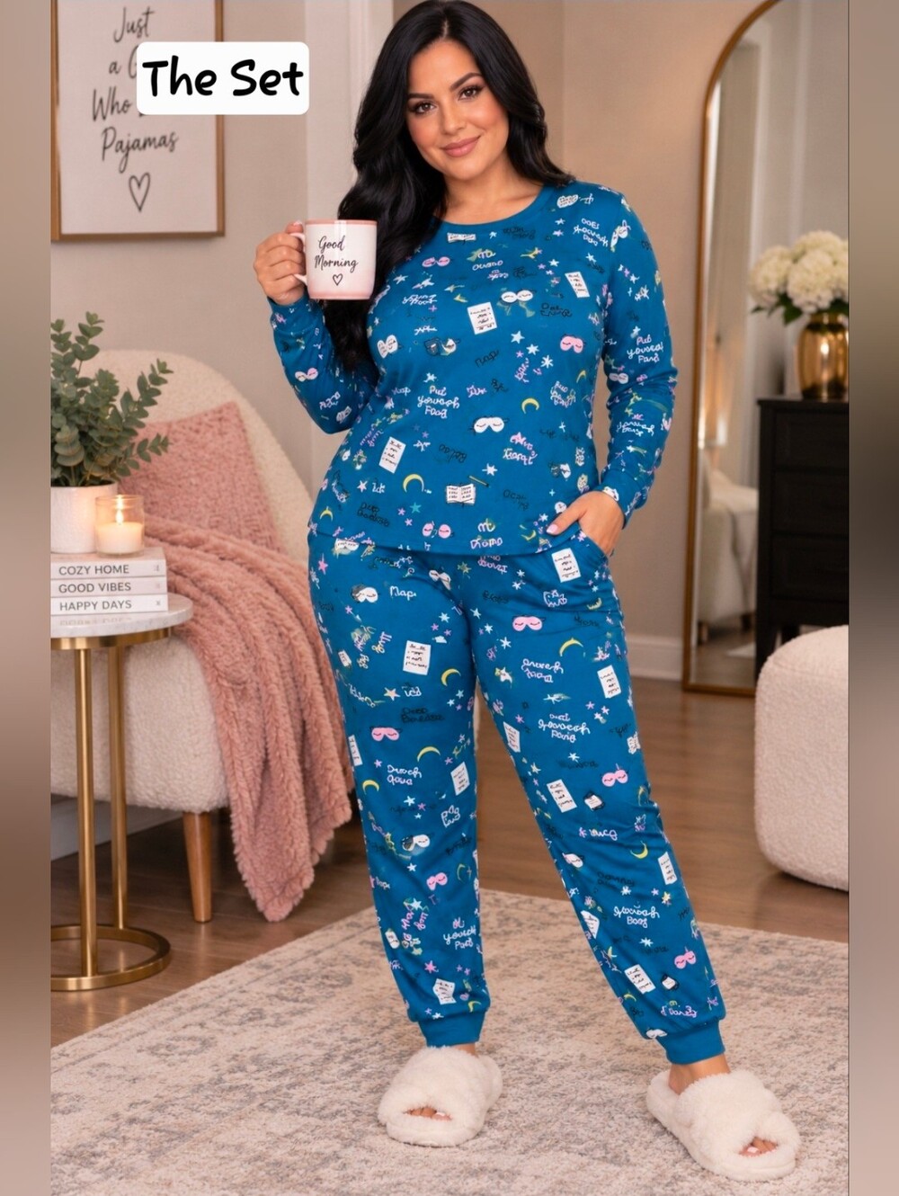 Joyspun | Blue Novelty Print Long Sleeve Pajama Jogger 2-Piece Set | Size Large